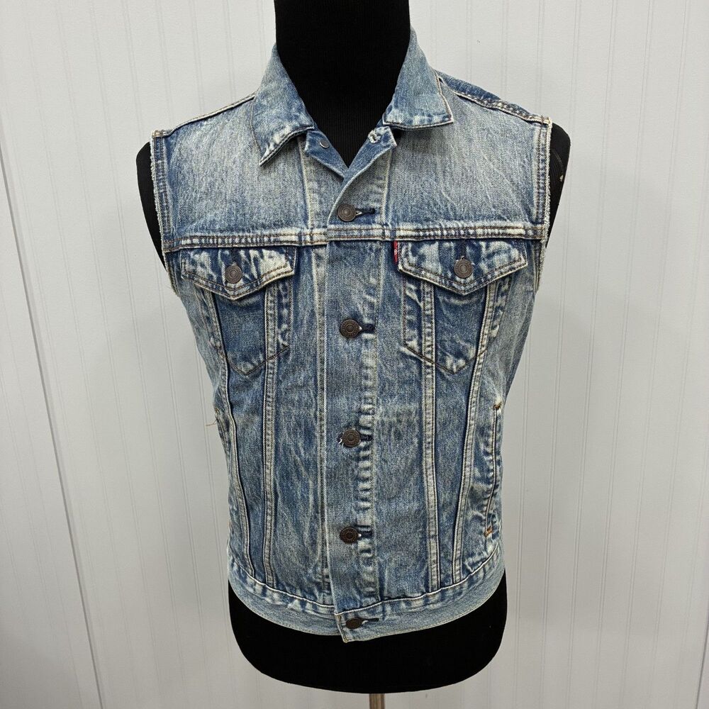 Levis Jean Vest Small Acid Wash Blue Denim Cut Off Sleeveless Trucker Jacket S